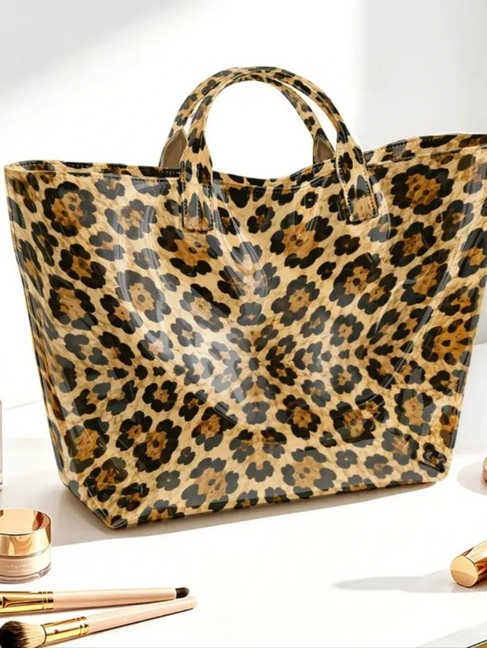 Women Beautiful Daily Commute Brown Tote Bag Lropard PVC Large Print